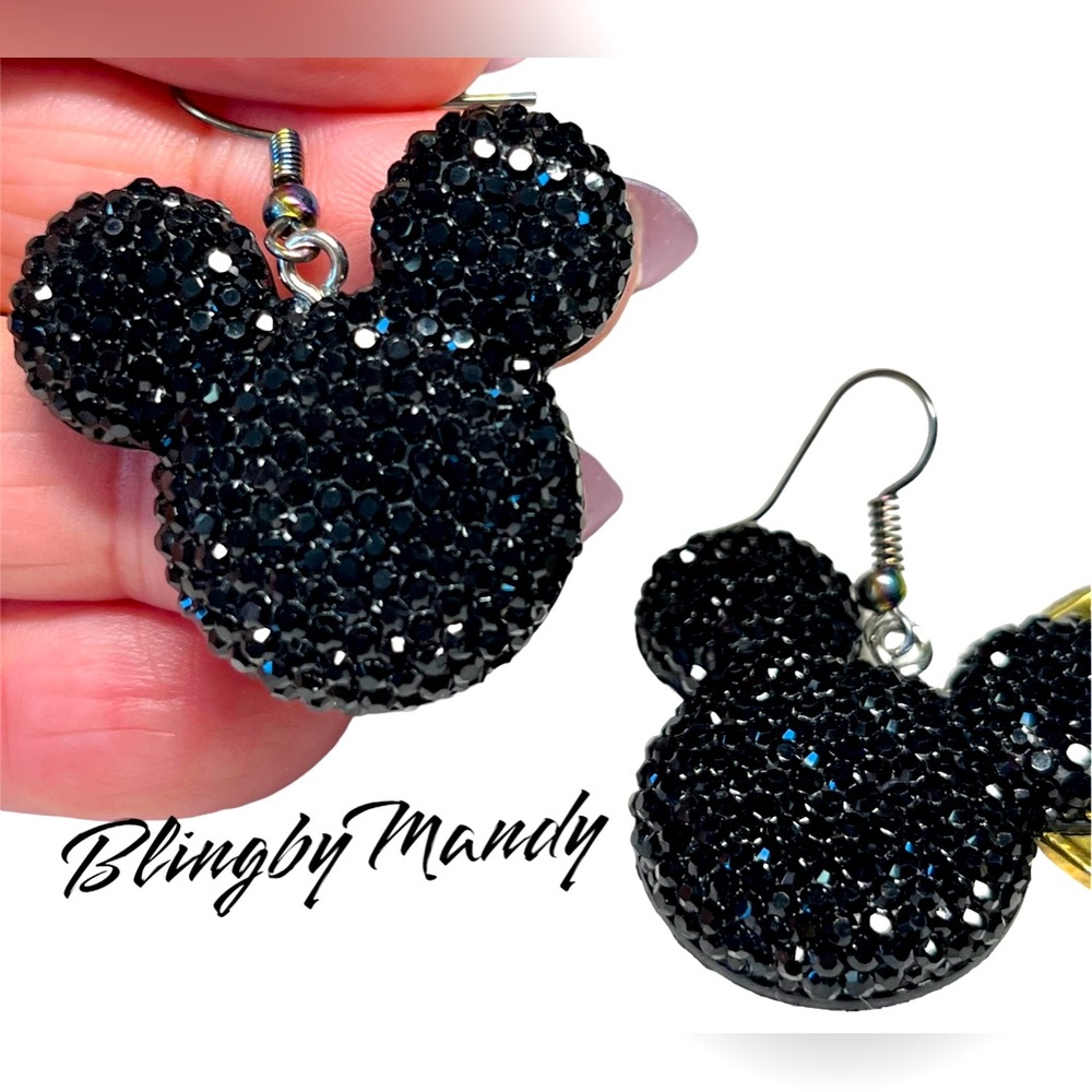 Betsey Johnson style black rhinestone look Mickey earrings,nickel free hook,cute